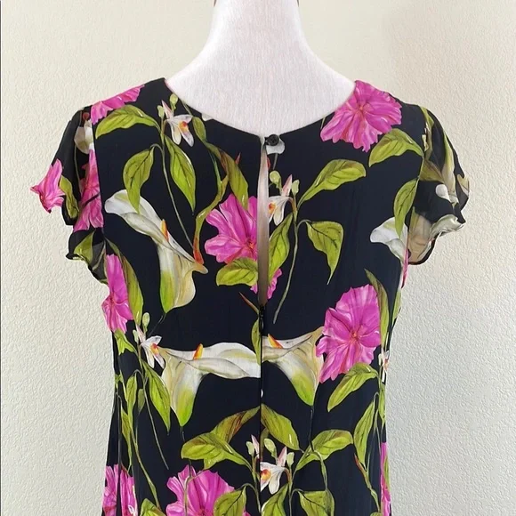 Milly Black and Pink Floral Flutter Sleeve 100% Silk Sundress Large - Picture 5 of 10